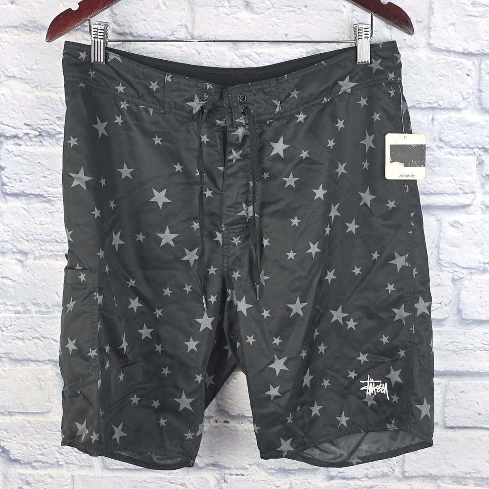 NWT Stussy Mens Star Print Board Cargo Shorts‎ Black Grey Swim Trunks Size 33